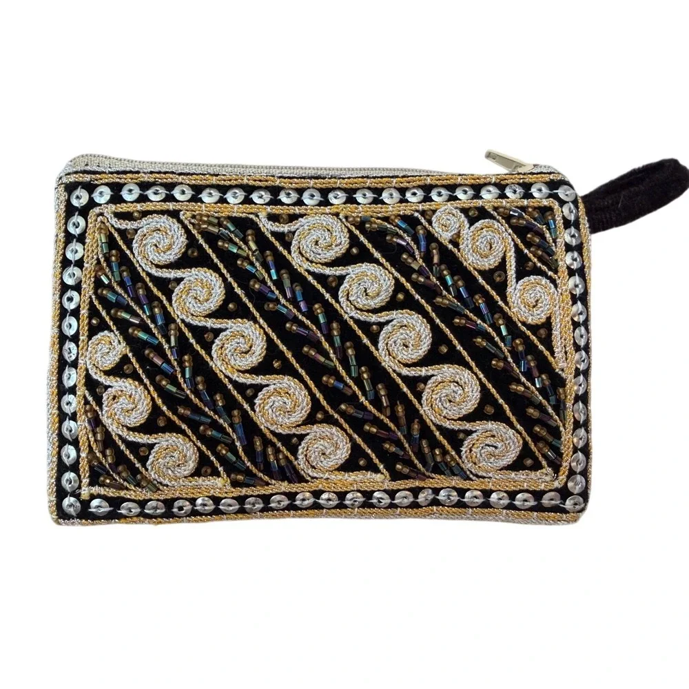 Gold Metallic Hard Shell Evening Clutch and Beaded Sequin Coin Purse Set